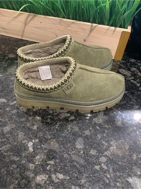 UGG Olive Green Suede Shearling-Lined Slip-On Clogs